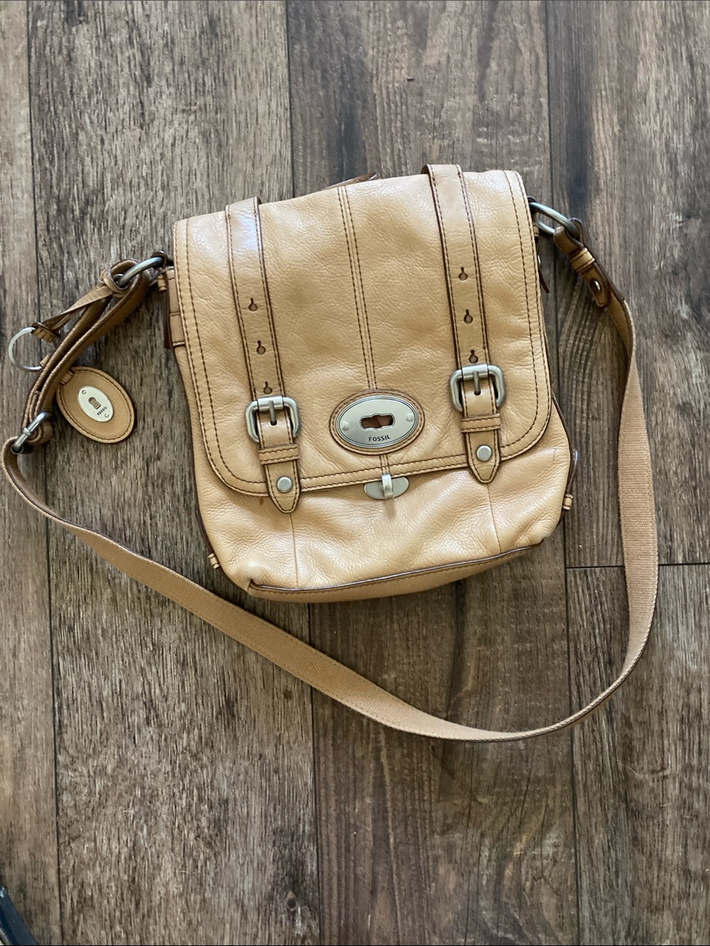 Fossil Beige Leather Buckle-Front Crossbody Bag